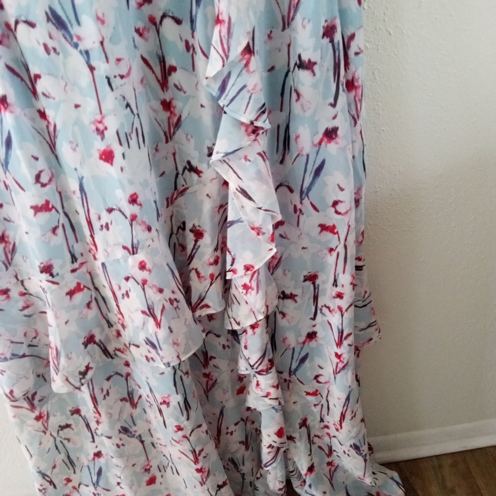 HAUTE HIPPIE Blue Sky Cherry Blossoms Ruffled Maxi Dress | XL - Picture 8 of 10